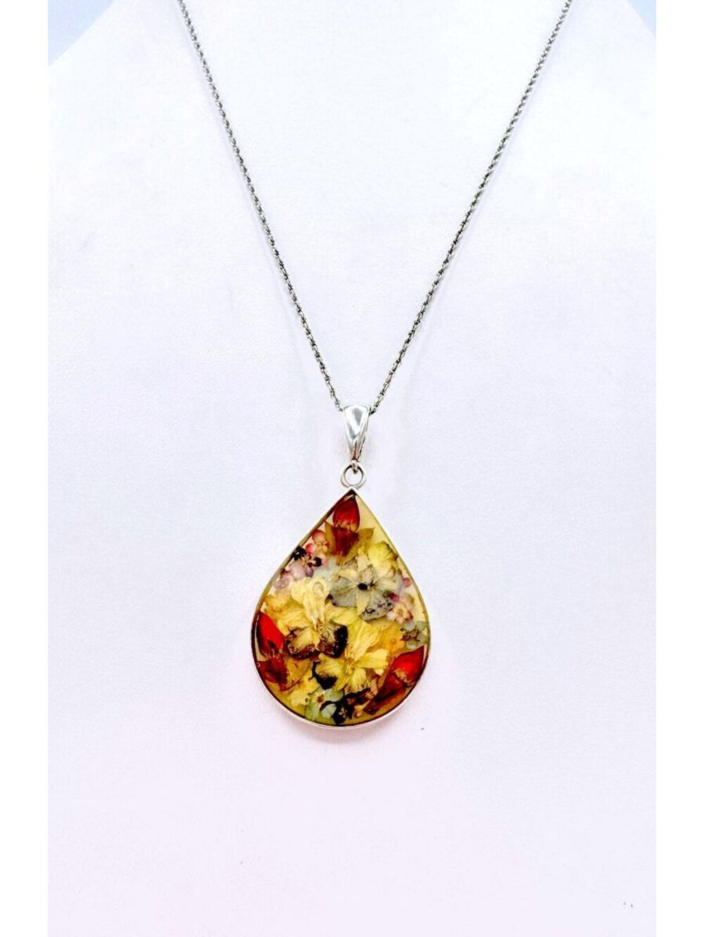 Italian sterling silver multicolor floral leaves teardrop resin frame pendant